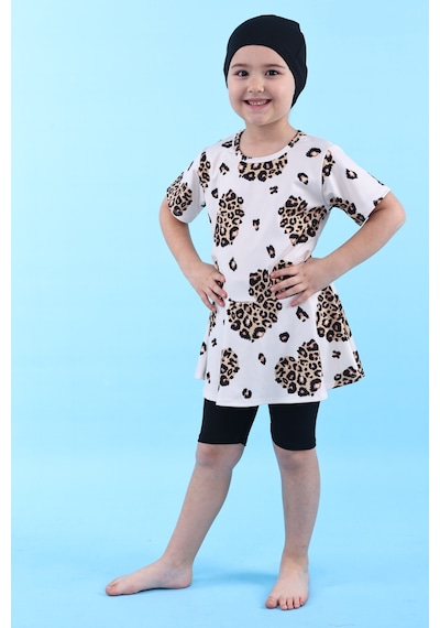 Zuzunga Leopar Desenli Kız Çocuk Boneli Mayo Takımı Siyah