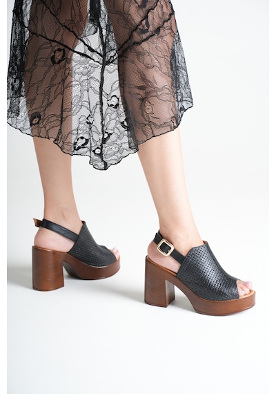 Analin Shoes Kadın Hakiki Deri Platform Topuklu Tokalı Sandalet Siyah