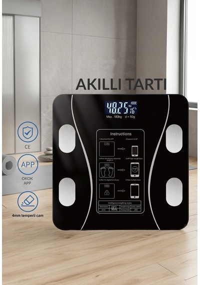 Genz Bilişim Dijital Tartı Baskül Yağ Su Kas Vücut Kitle Endeksi Kilo Ölçer Tartı Siyah