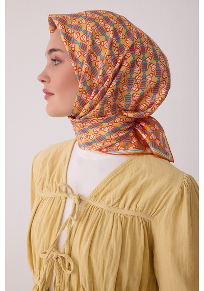 Belli Geometrik Desen %100 Twill İpek Eşarp Be03 Kiremit