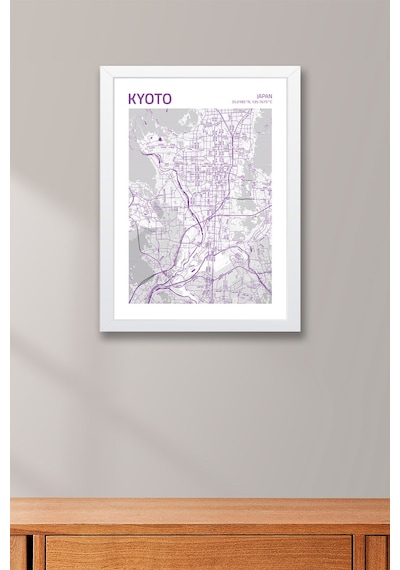 Kyoto Japonya Japan Haritası Çerçeveli Tablo Lüks Salon Ofis Duvar Dekorasyonu Hediyelik Tablo Beyaz