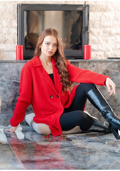 Düğme Detaylı Örme Hırka Açık Kırmızı