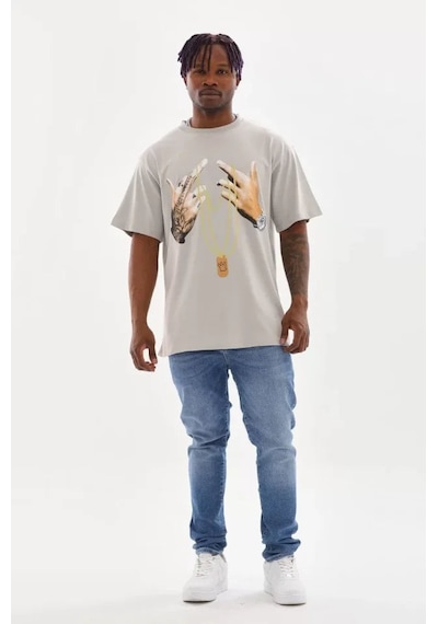 Yake Store Unisex Baskılı Oversize T-shirt - Gri - Gri Beyaz