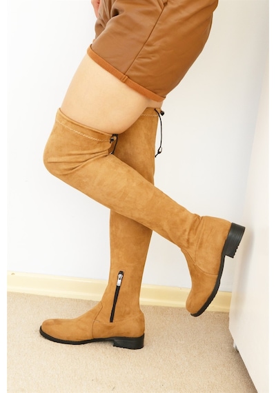 Shoetek Izabella Kadın Çizme Fermuarlı Streçli Taba Süet TABA SÜET