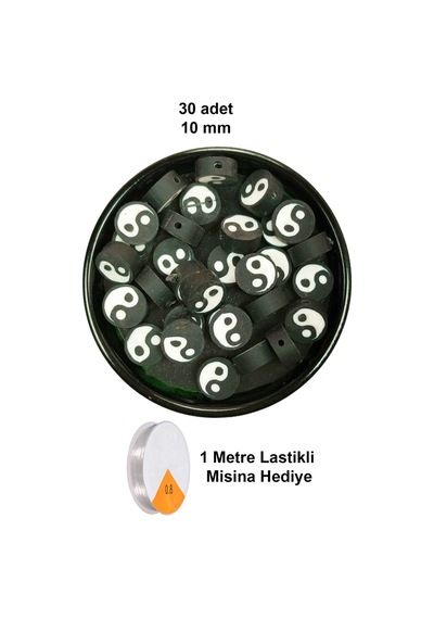 30 Adet 10 Mm Polimer Kil Fimo Boncuk Takı Bileklik + 1 Metre Lastikli Misina Hediye - Yin Yang