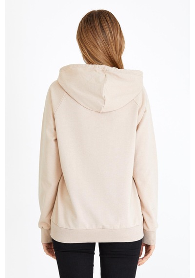 Metalic Kadın Bej Kapüşonlu Basic Örme Sweatshirt Bej
