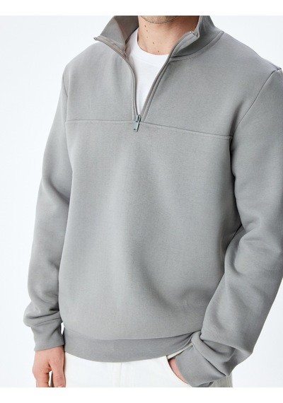 Koton Uzun Kollu Pamuk Karışımlı Basic Yarım Fermuarlı Sweatshirt Gri 5wam70255mk Gri