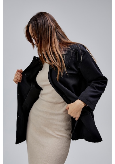 Mia Siyah Ekose Yaka Cepli Oversize Trençkot