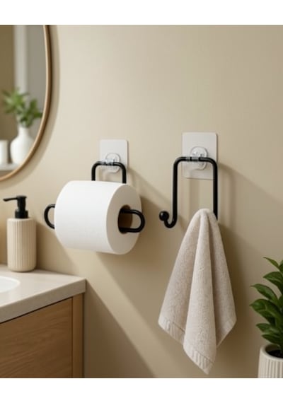 2 Li Yapışkanlı Banyo Düzenleme Seti Rulo Kağıt Tutucu Ve Havlu Askılığı Diğer