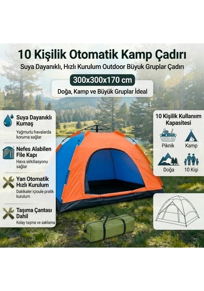 10 Kişilik Otomatik Kurulum Kamp Çadırı Outdoor , Suya Dayanıklı Hızlı Kurulum Piknik Ve Doğa İçin Geniş Aile Çadırı 300x300x170 Cm 4915
