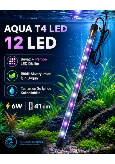Aqua Akvaryum Işığı - Bitki Işığı - Balık Işığı - Tamamen Su İçinde Kullanılabilir - 12 Led - Pembe Beyaz - 41 Cm - Güçlü Aydınlatma - 6w
