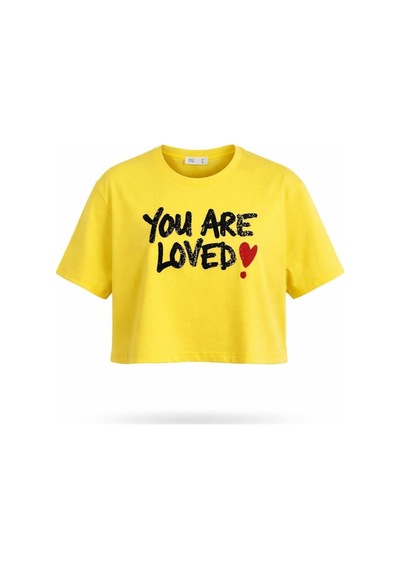 Kadın Sarı Yazı Baskılı Crop Pamuk T-shirt Sarı