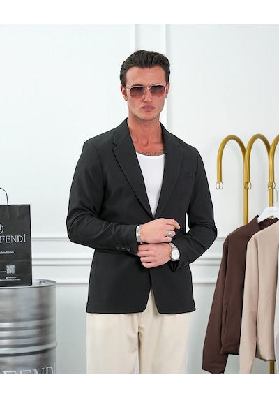 Modefendi Özel Seri %100 Gofre Kumaş İtalyan Kesim Modern Fit Ceket Siyah