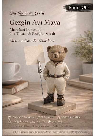 Gezgin Ayı Maya Not Tutucu & Fotoğraf Standı Dekoratif Masaüstü Organizer El Boyaması Biblo