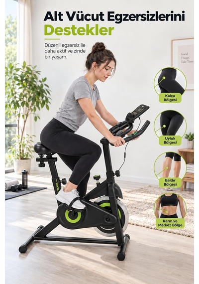 Spin Kondisyon Bisikleti 4 Kg Volanlı, Ayarlanabilir Dirençli Egzersiz Bisikleti Yeşil Genel