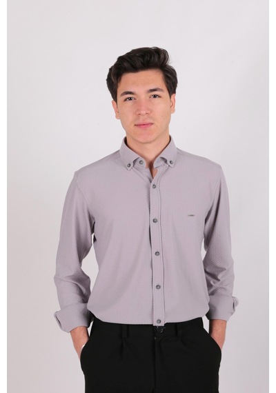 Twın Lıon Twin Lıon 408 Slimfit Örme Armürlü Düz Gömlek Gri