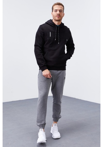 Tommy Life Siyah Nakışlı Kanguru Cep Standart Kalıp Kapüşonlu Erkek Sweatshirt - 87839 Siyah