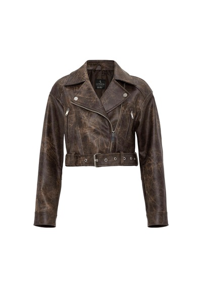 Antioch Kadın Suni Deri Crop Biker Ceket Kahve