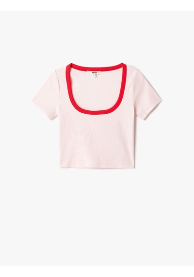 Koton Pamuklu Slim Fit Kontrast Detaylı Kısa Kollu U Yaka Fitilli Crop Tişört Pembe 5sak50342ek Gül