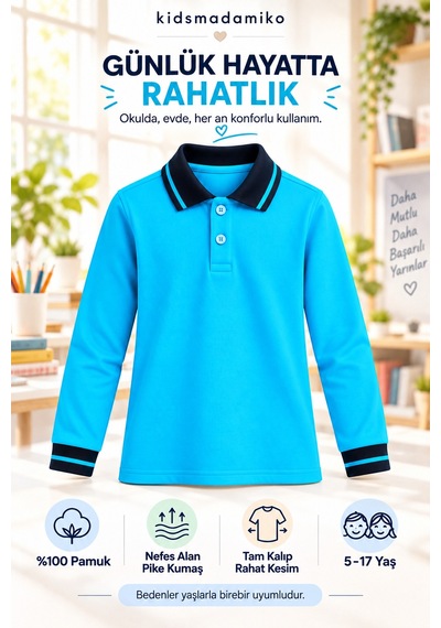 Kidsmadamiko Kız Çocuk Çocuk Uzun Kollu Polo Yaka %100 Pamuk Pike Okul Turkuaz