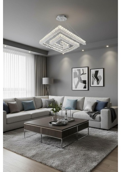 Lotus Kristal Taşlı Ledli Krom Avize