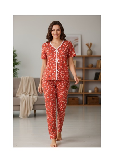 Fantezia Night Kadın Turuncu Kalp Desenli Fiyonklu Kısa Kollu Uzun Pijama Takımı