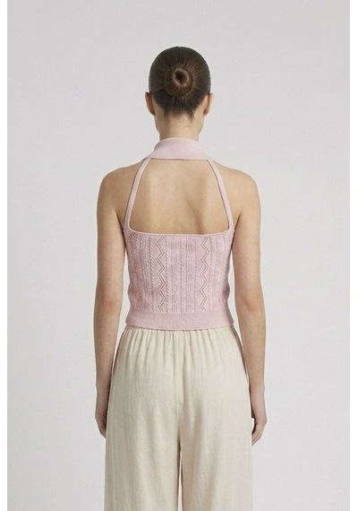 Neden Tekstil Kadın Polo Yaka Sırt Dekolteli Crop Bluz - Pembe