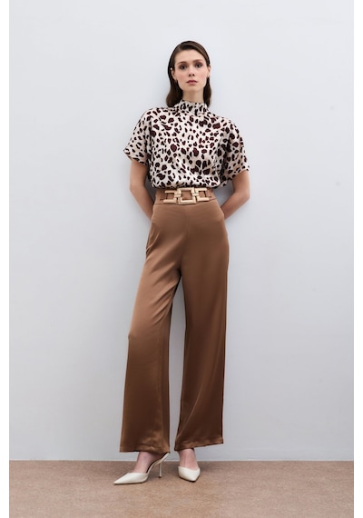 Sateen Bel Kemerli Saten Krep Pantolon - Camel-135974 Camel