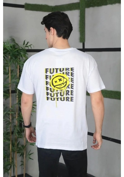 Assema Erkek Bisiklet Yaka Baskılı Oversize Kısa Kol T-shirt - Beyaz Çok Renkli