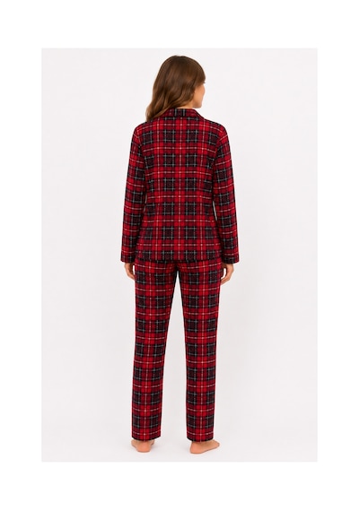 Sleeproom Kadın Mevsimlik Süet Uzun Kol Ekose Desen Kırmızı Pijama Takımı