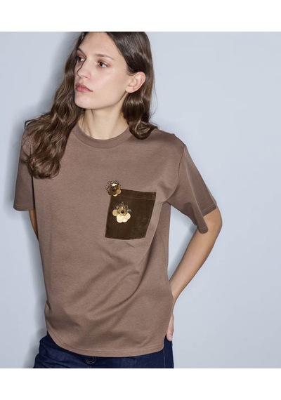 İpekyol Kontrast Cepli Aplikeli Kahverengi Kadın T-shirt Iw6260070176