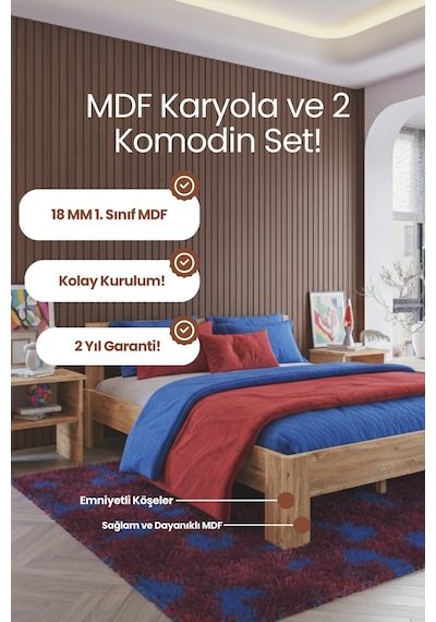 Letto Çift Kişilik Mdf Karyola Ve 2 Komodinli Set 140x190 Yatak Uyumlu - Atlantik Çam Letto Çift Kişilik Mdf Karyola Ve 2 Komodinli Set 140x190 Yatak Uyumlu - Atlantik Çam