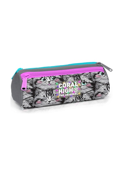 Coral High Üç Gözlü Okul Kalem Çantası - Kız Çocuk - Gri Pembe Kedi Çok Renkli
