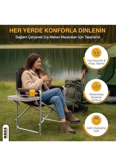 Haegs Alüminyum Kamp Sandalyesi, Taşınabilir Katlanır Yönetmen Sandalyesi, Yan Sehpa Ve Çıkarılabilir Yan Cep İl Çok Renkli