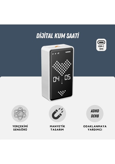 Gt-3 Dijital Kum Saati Pomodoro Zamanlayıcı 1-99 Dk, Led Ekran, Çevir Başlat Yerçekimi Sensörü, Mıknatıslı, Usb-c Şarjlı, Sessiz Ve Alarmlı Mod Beyaz
