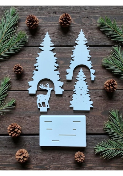Dekoratif Çam Ağacı Ve Geyik Silüetli Yılbaşı Temalı Led Tealight Mumluk Beyaz
