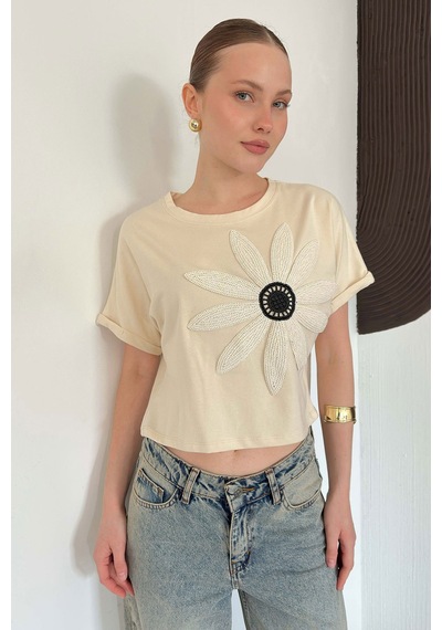 Verymoda Çiçek Detaylı Tişört D2910 Ham