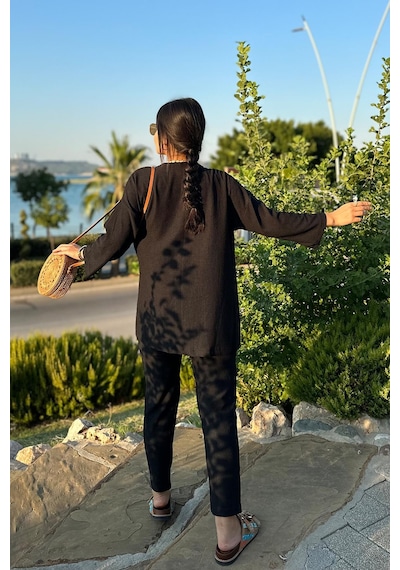 Siyah Renk Cep Detaylı Dar Paça Kimono Takım Siyah