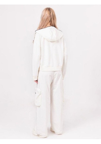 Kız Çocuk Pamuklu Fermuarlı Kapüşonlu Büyük Cepli Sweatshirt-13790 Ekru