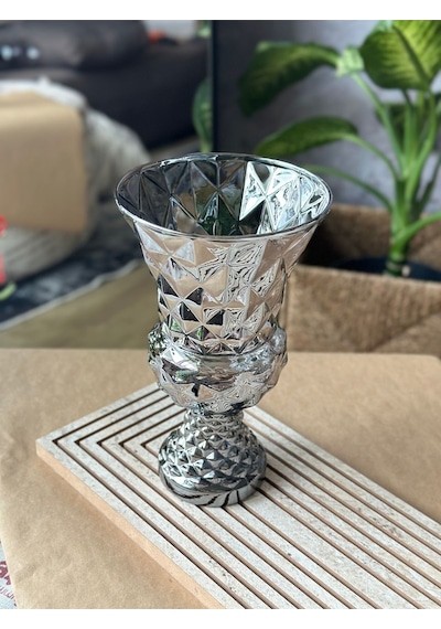 Diamond Desenli Kristal Cam Vazo - 28x15 Cm Hediyelik Lüx Vazo Modern & Lüks Dekoratif Büyük Boy Vazo Şeffaf