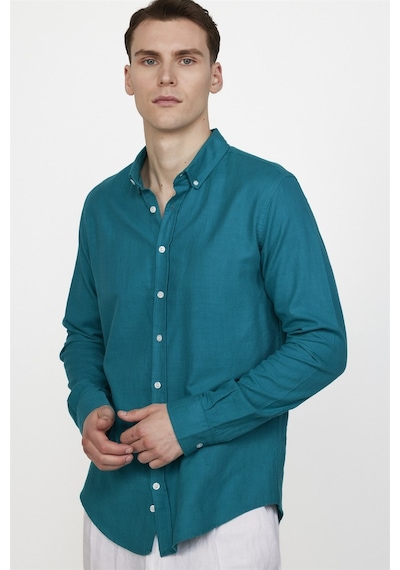 Tudors Slim Fit Uzun Kol Biyeli Yaka Düğmeli Keten Erkek Petrol Gömlek-27489-petrol Petrol