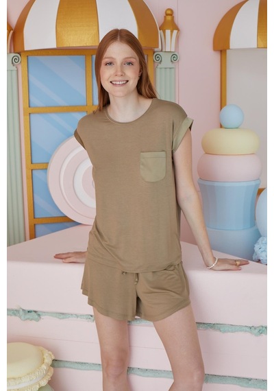 Sevim Kadın Kısa Kol Yağ Yeşili Şortlu Pijama Takım C4t0n551 001