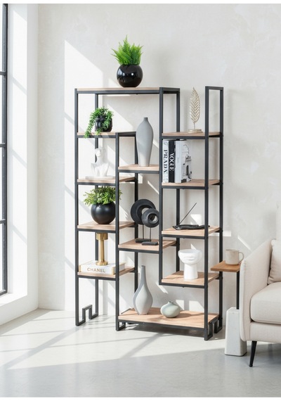 12 Raflı Modern Kitaplık Çiçeklik Ve Dekoratif Yaşam Ünitesi - Metal İskeletli Ahşap Raflı Siyah 12 Raflı Modern Kitaplık Çiçeklik Ve Dekoratif Yaşam Ünitesi - Metal İskeletli Ahşap Raflı Siyah