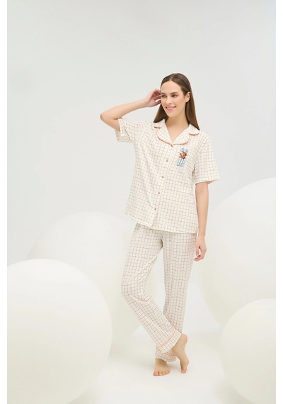 U.S. Polo Assn. 16608 Kadın Baskılı Düğmeli Pijama Takım Ekru