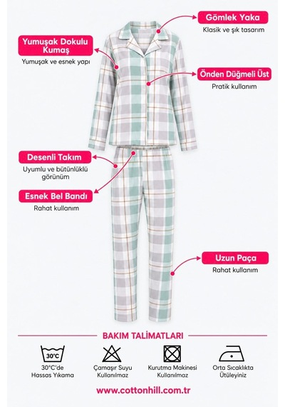 Cottonill Yeşil Gri Ekose Desenli Yumuşak Dokulu Gömlek Yaka Düğmeli Uzun Kollu Kadın Pijama Takımı