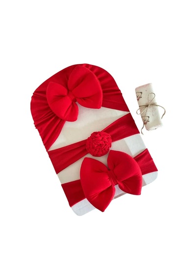 Masalbaby Kız Bebek Fiyonklu Bone Bandana Ve Saç Bandı - 3'lü Hediyelik Set Kırmızı