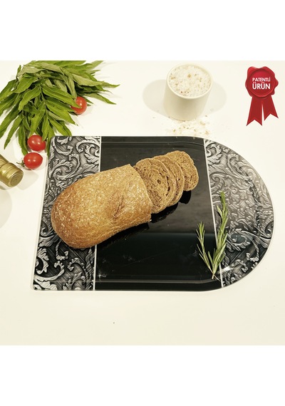 Kanallı Cam Kesme Tahtası - Black Ornament - Kenarı Oval- 25x35cm