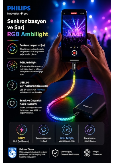 Philips Dlc5130c/00 60w 3a Usb-c To Usb-c Rgb Renkli Şarj Kablosu, 1 Metre