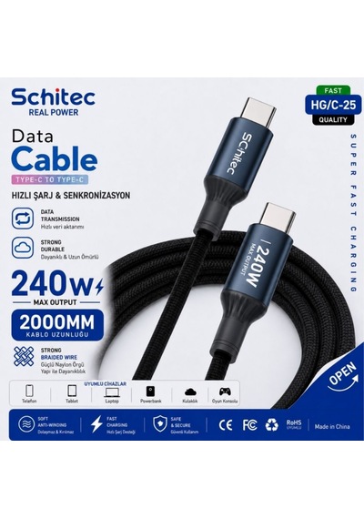 Schitec 100w 4 Çıkışlu Hızlı Şarj Başlığı Ve 240w Type-c To Type-c Süper Hızlı Şarj Kablosu 2 Metre