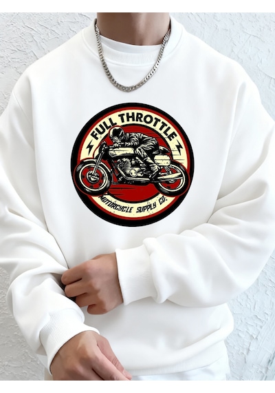 Startmore Startmoretam Gazlı Motosiklet Baskılı Erkek Kapüşonlu Üstü Sonbahar Bisiklet Yaka Sweatshirt Temel Pol Beyaz